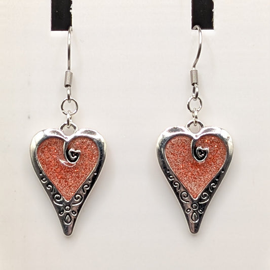 Decorative Silver Heart Earrings with Red Glitter
