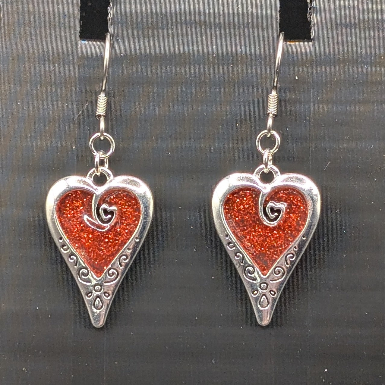 Decorative Silver Heart Earrings with Red Glitter