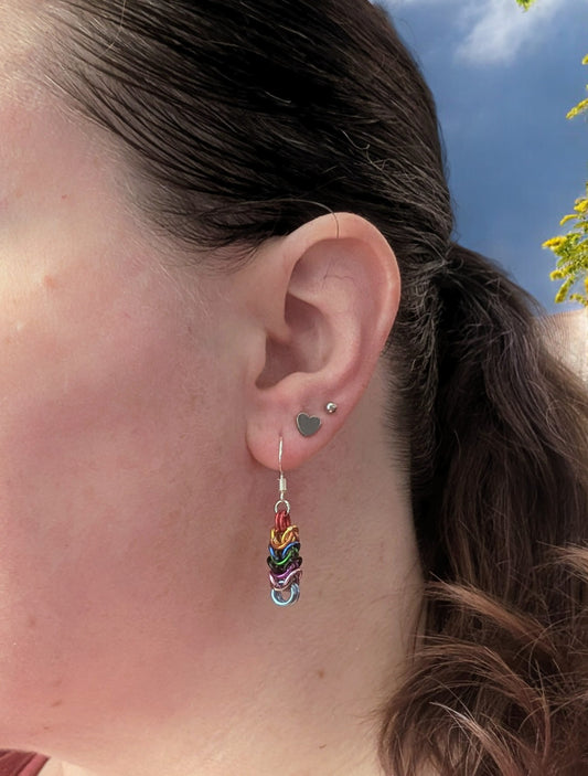 Progress Pride Box Weave Chainmail Earrings - Handmade