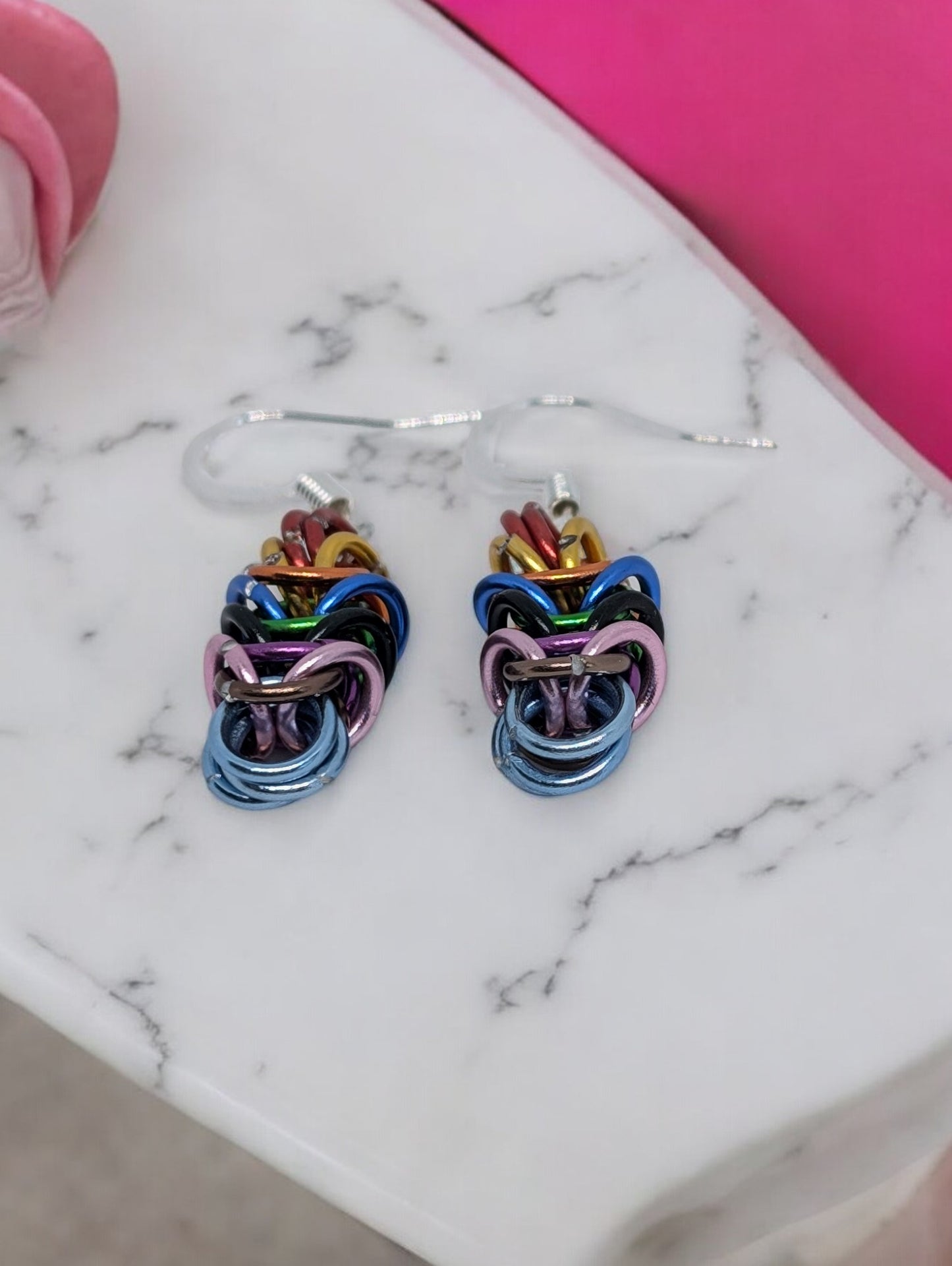 Progress Pride Box Weave Chainmail Earrings - Handmade