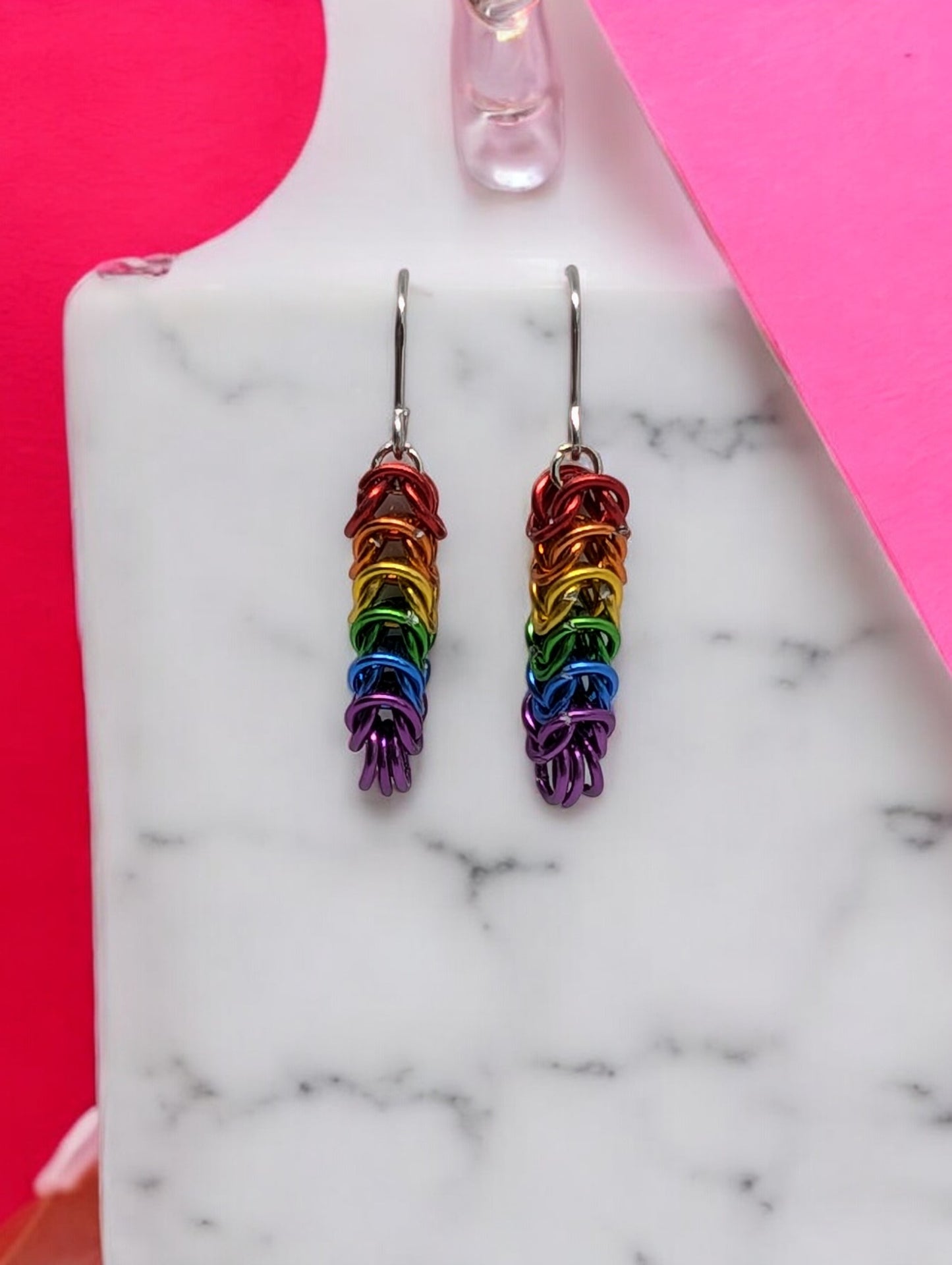 Rainbow Box Weave Chainmail Earrings - Handmade