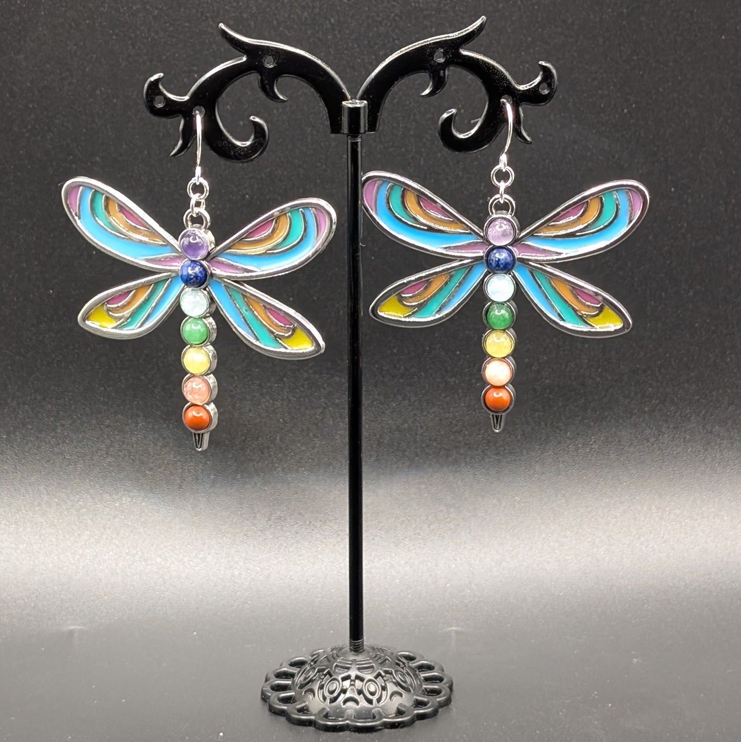 Dragonfly Earrings with Semi-precious Chakra Stones